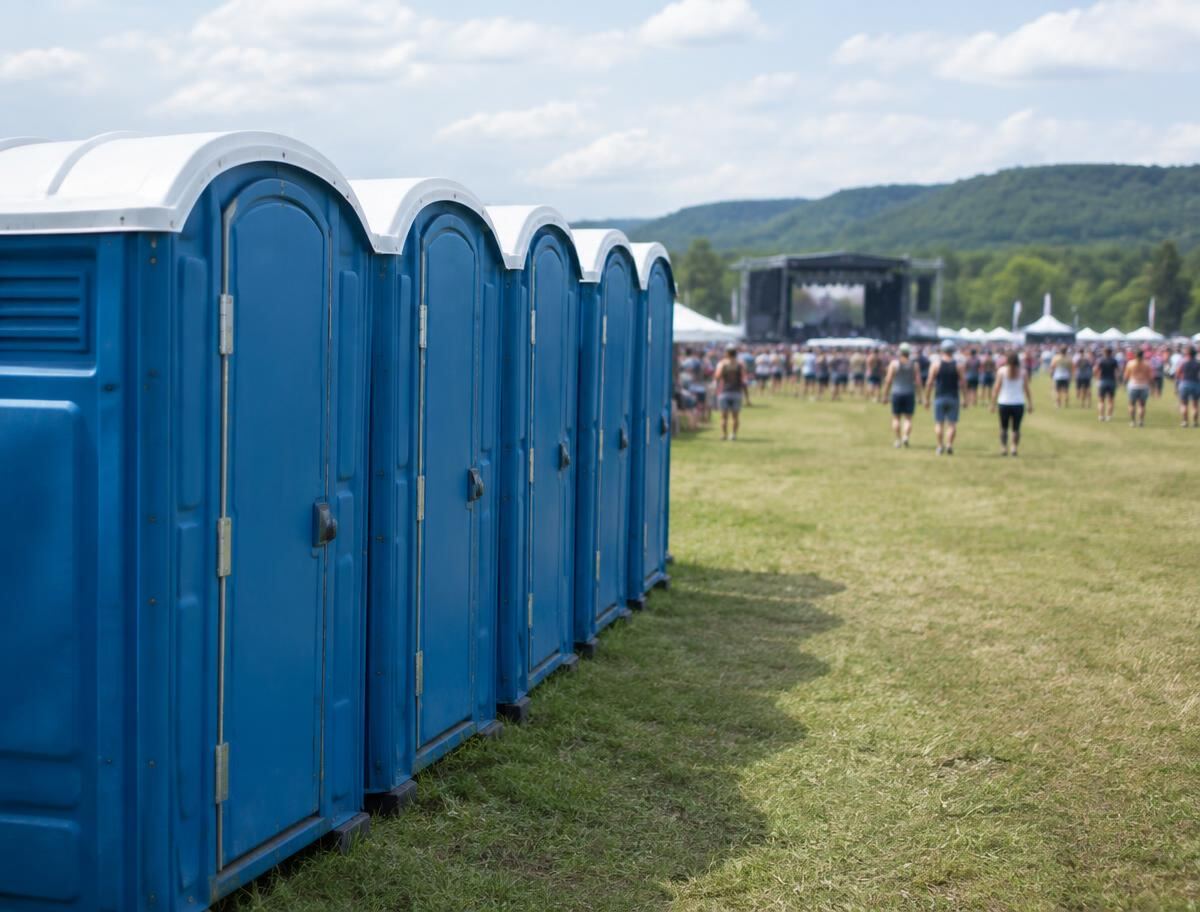 Row of portable toilets at an outdoor festival field
