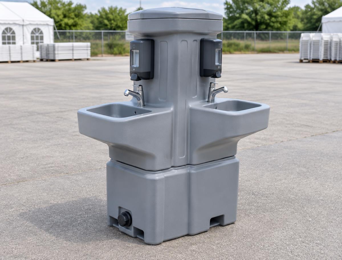 Freestanding two-basin portable handwashing station