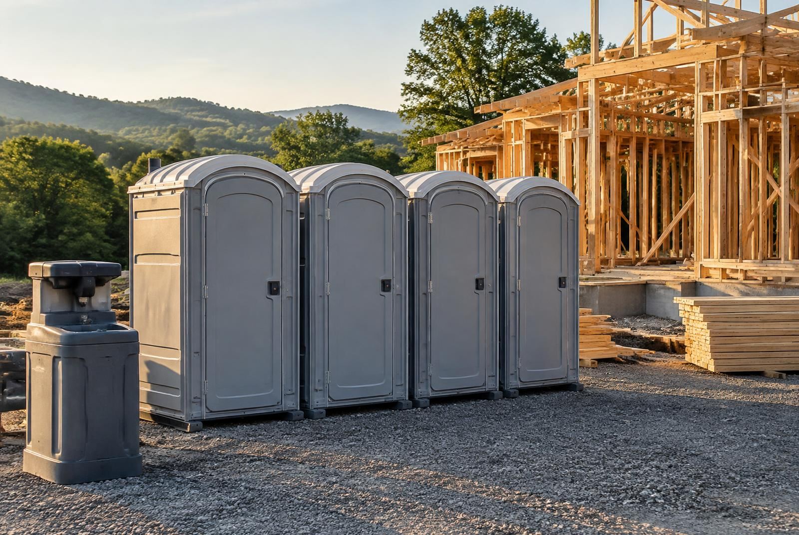 Portable toilets and a handwashing station at a Tennessee construction site