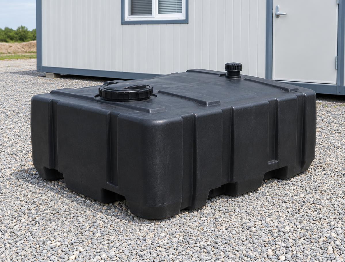 Low-profile black portable waste holding tank on gravel