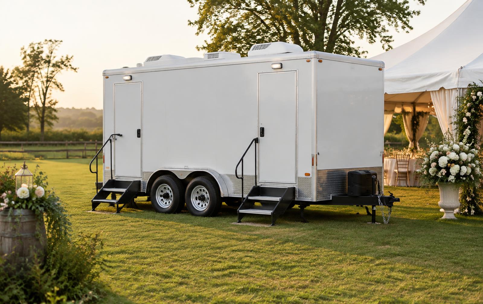 Portable restroom trailer near an outdoor wedding tent